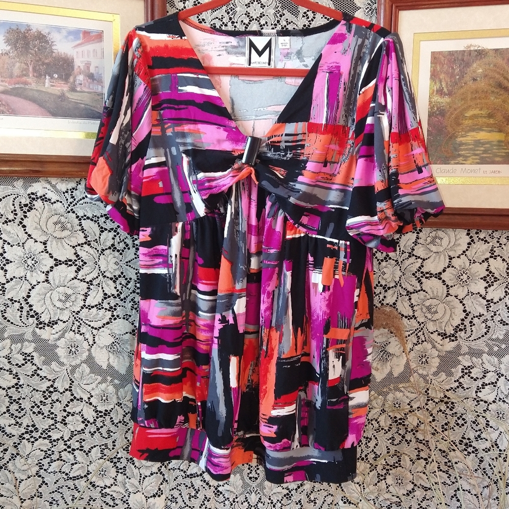 Marc Bouwer pink magenta orange black white abstract print tunic blouse v-neck